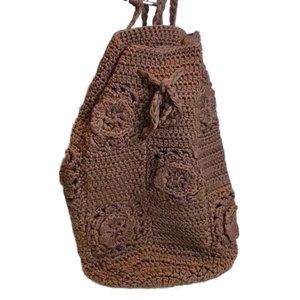 Hand Crocheted Chocolate Brown Backpack Flowers and Braided Straps